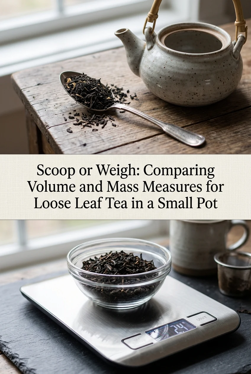Scoop or Weigh: Comparing Volume and Mass Measures for Loose Leaf Tea in a Small Pot — AI-generated editorial illustration