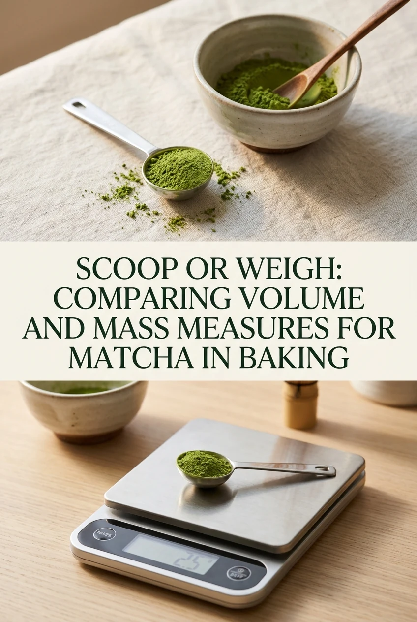 Scoop or Weigh: Comparing Volume and Mass Measures for Matcha in Baking — AI-generated editorial illustration
