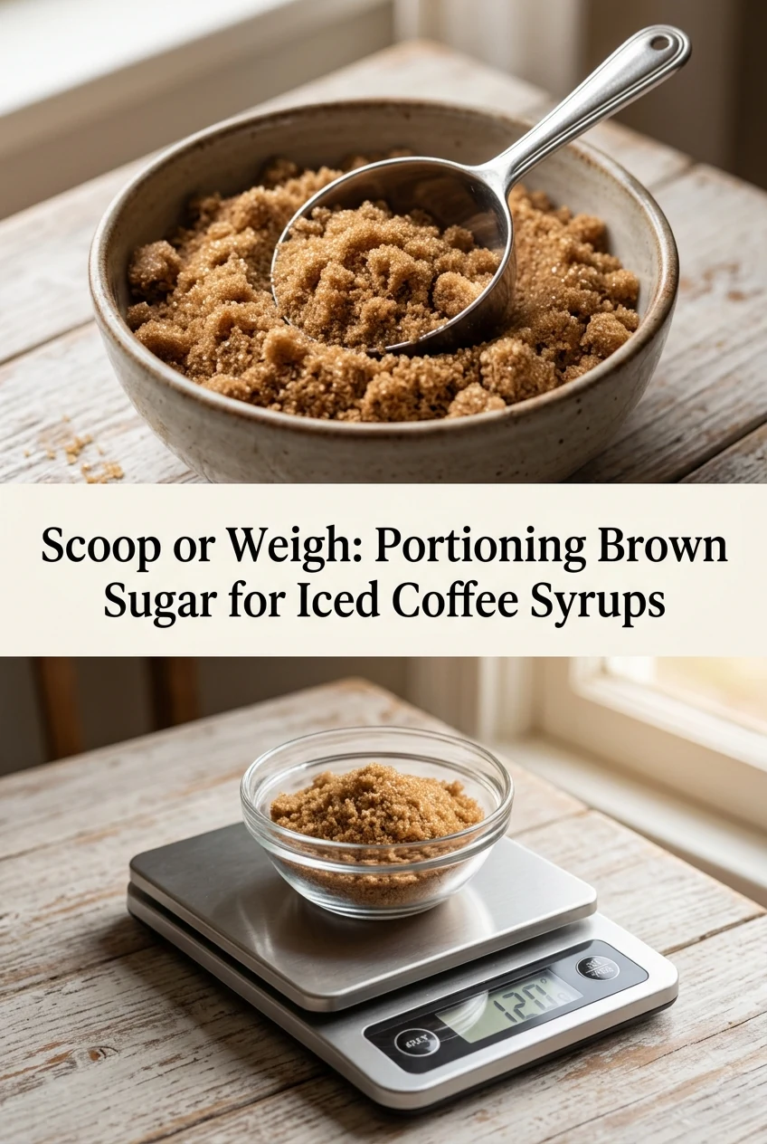 Scoop or Weigh: Portioning Brown Sugar for Iced Coffee Syrups — AI-generated editorial illustration