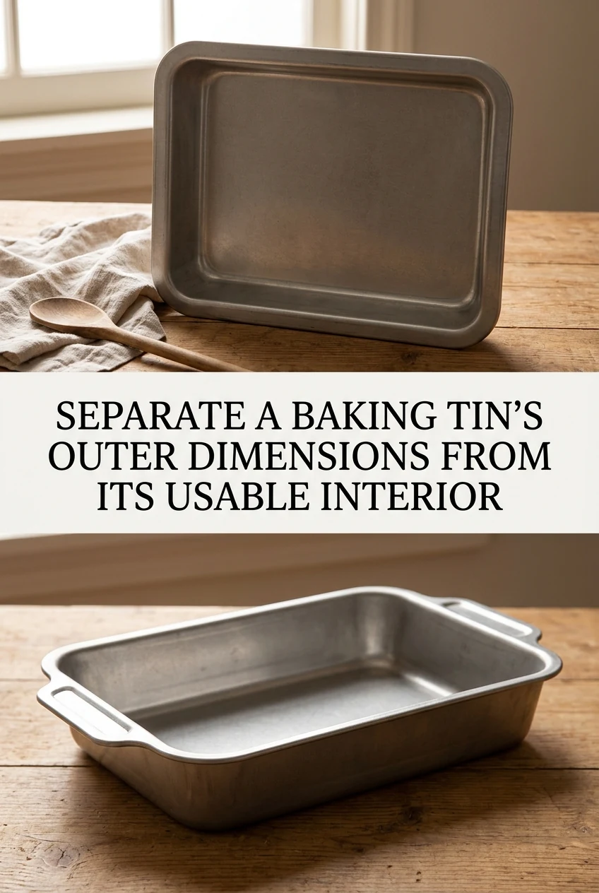 Separate a Baking Tin's Outer Dimensions from Its Usable Interior — AI-generated editorial illustration