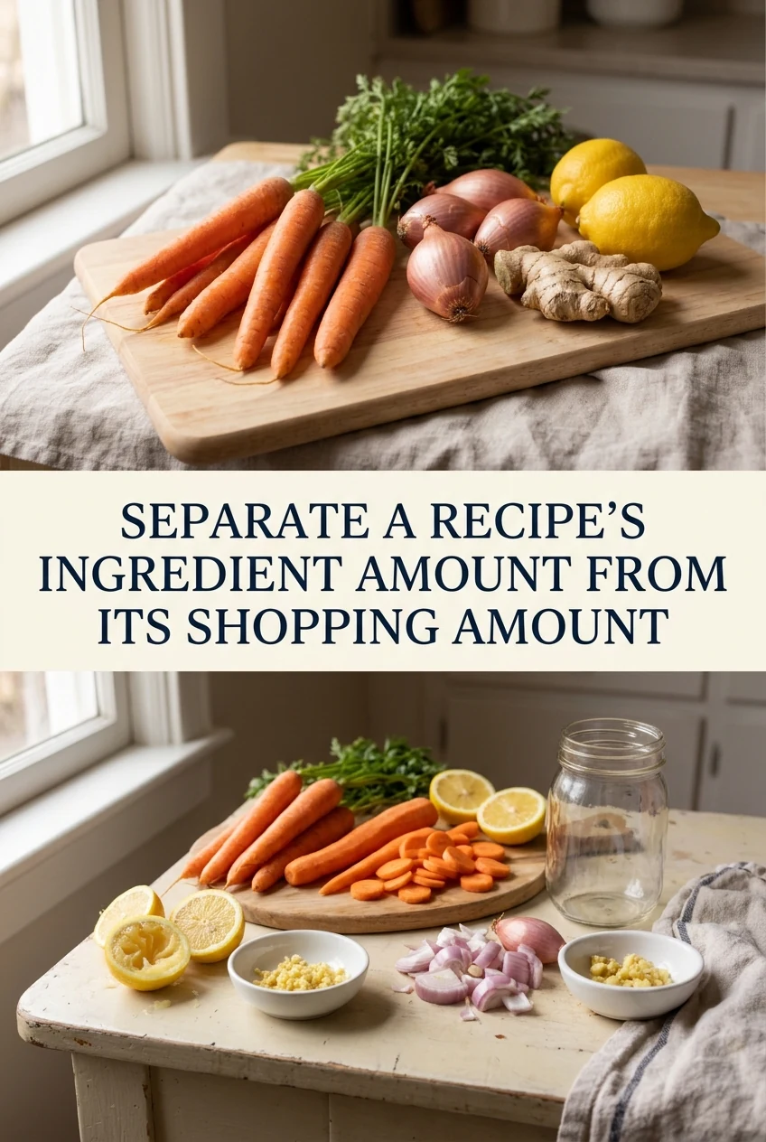 Separate a Recipe's Ingredient Amount from Its Shopping Amount — AI-generated editorial illustration