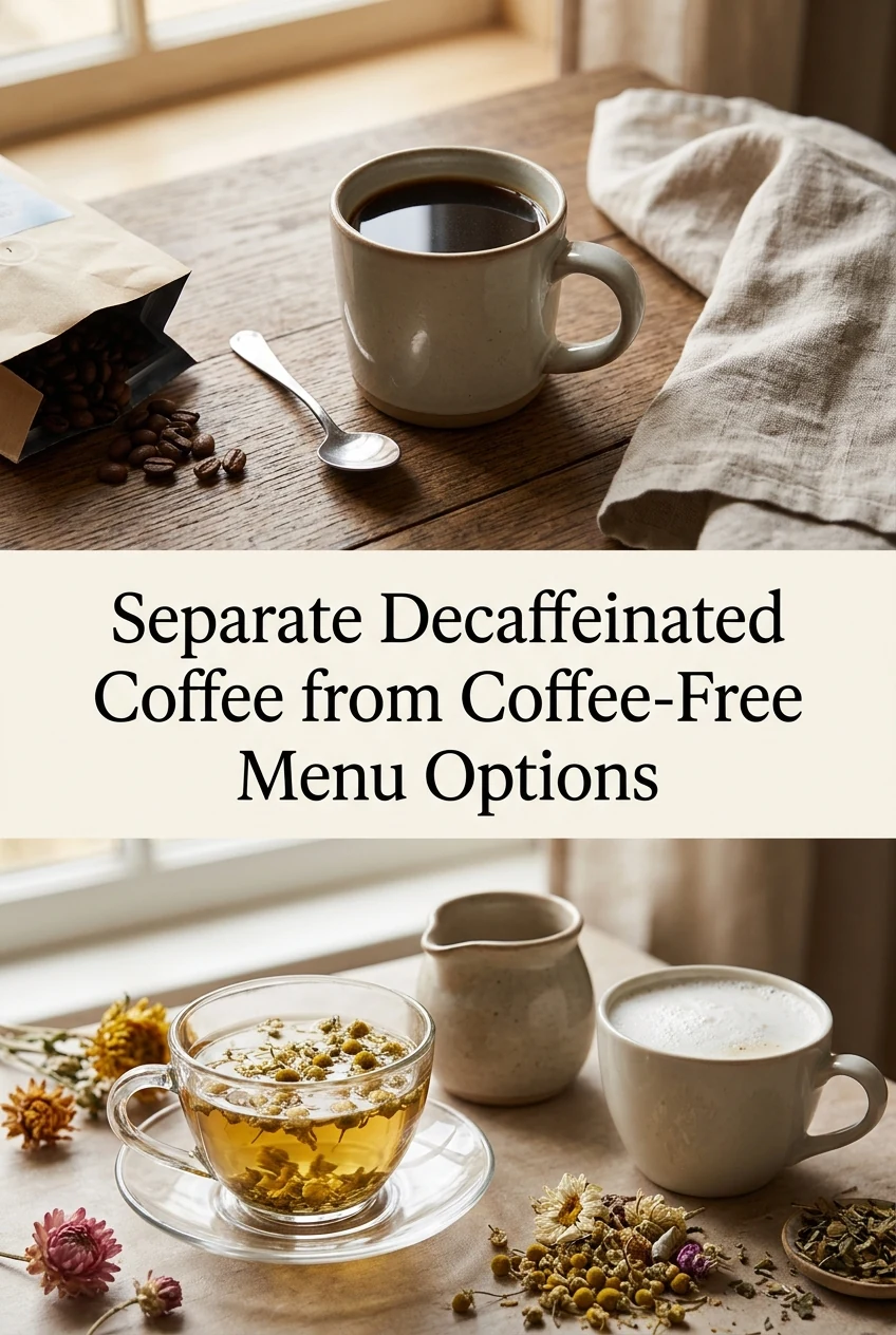 Separate Decaffeinated Coffee from Coffee-Free Menu Options — AI-generated editorial illustration