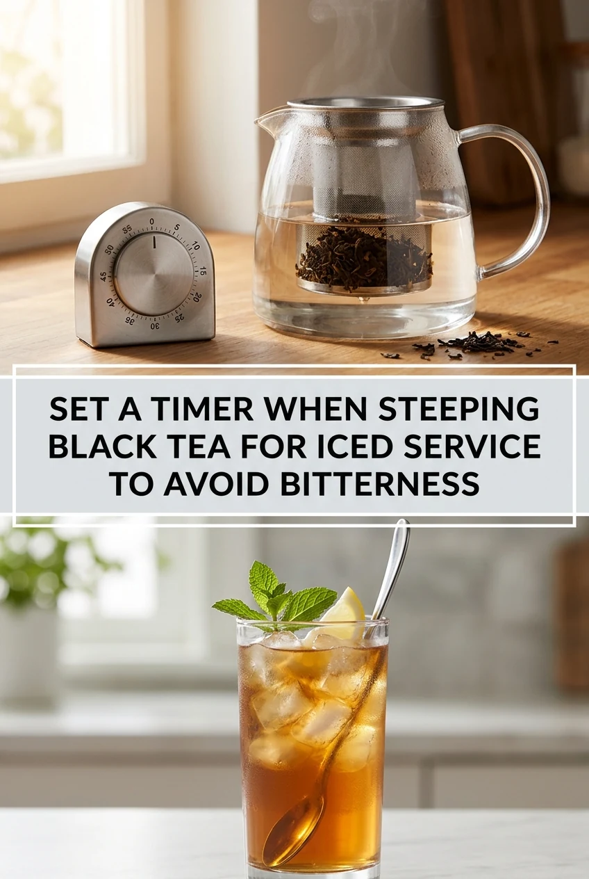 Set a Timer When Steeping Black Tea for Iced Service to Avoid Bitterness — AI-generated editorial illustration