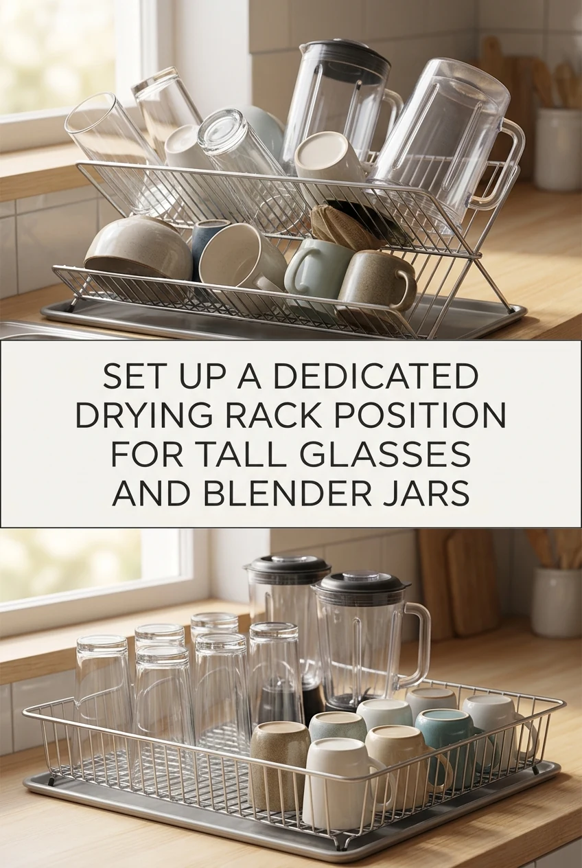 Set Up a Dedicated Drying Rack Position for Tall Glasses and Blender Jars — AI-generated editorial illustration