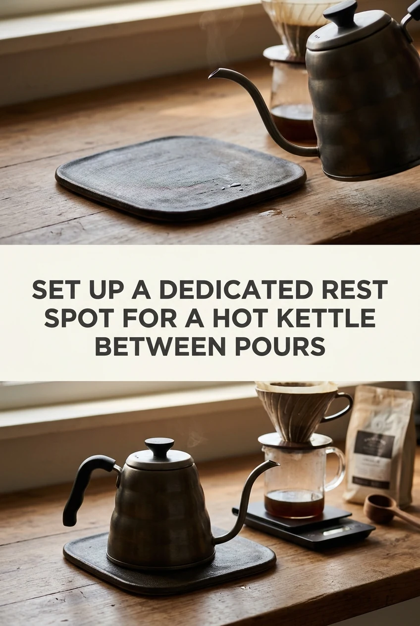Set Up a Dedicated Rest Spot for a Hot Kettle Between Pours — AI-generated editorial illustration