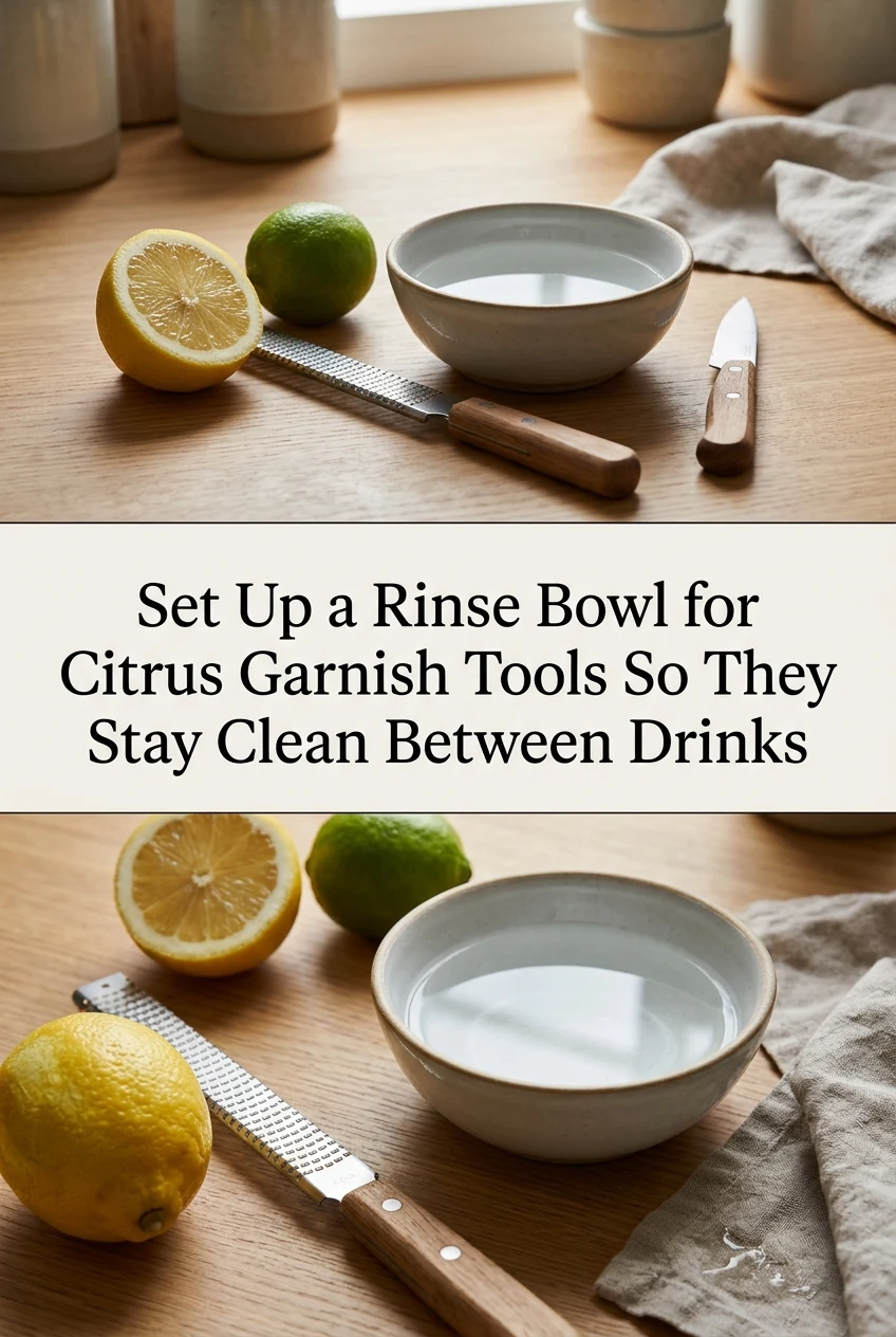 Set Up a Rinse Bowl for Citrus Garnish Tools So They Stay Clean Between Drinks — AI-generated editorial illustration
