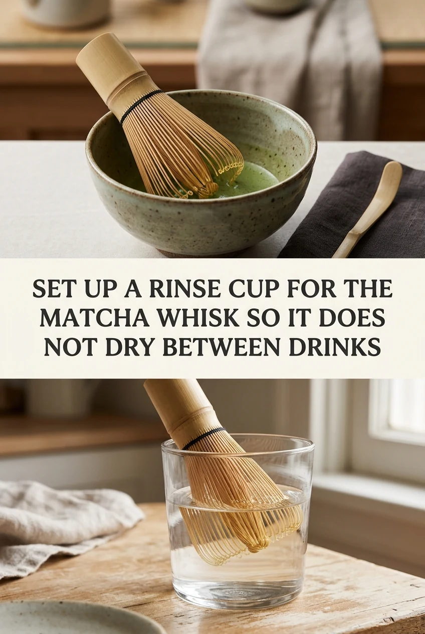 Set Up a Rinse Cup for the Matcha Whisk So It Does Not Dry Between Drinks — AI-generated editorial illustration