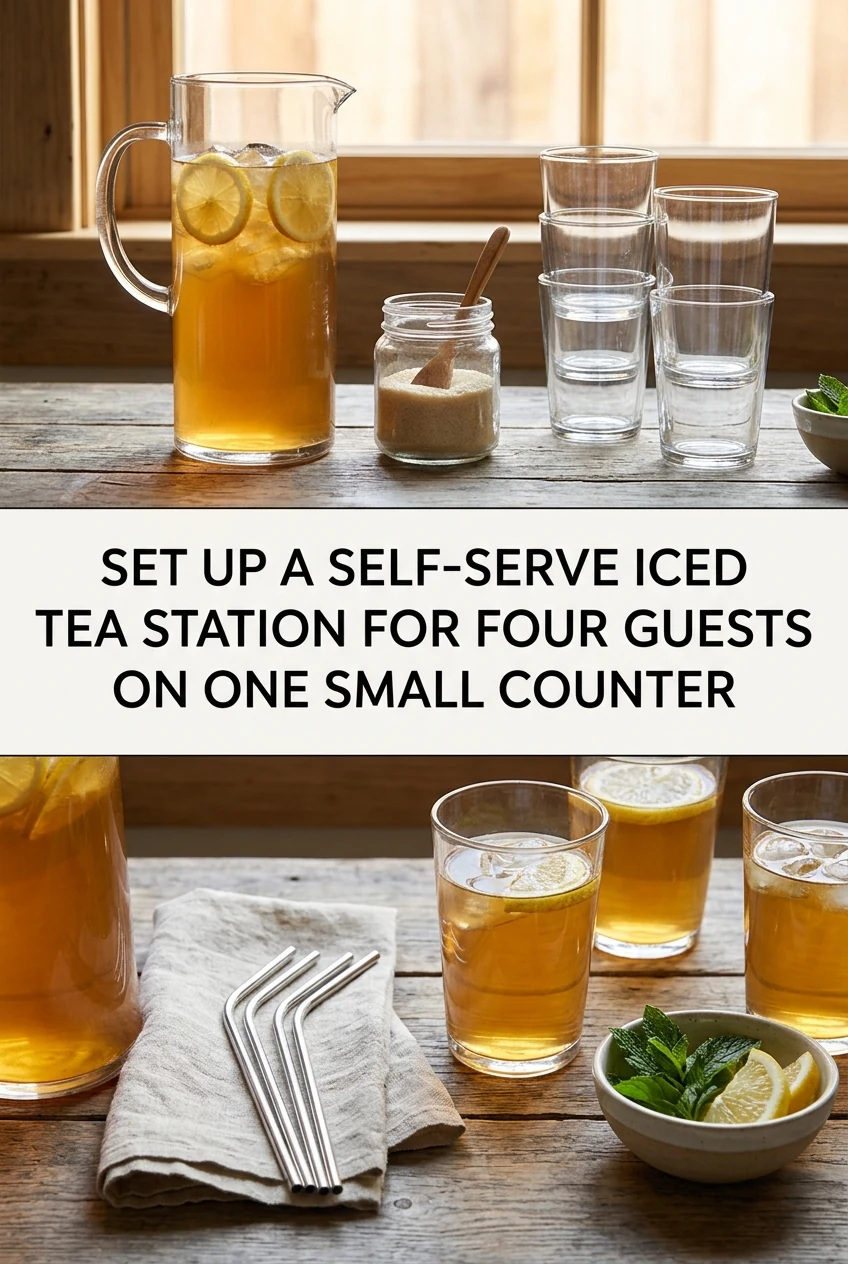 Set Up a Self-Serve Iced Tea Station for Four Guests on One Small Counter — AI-generated editorial illustration