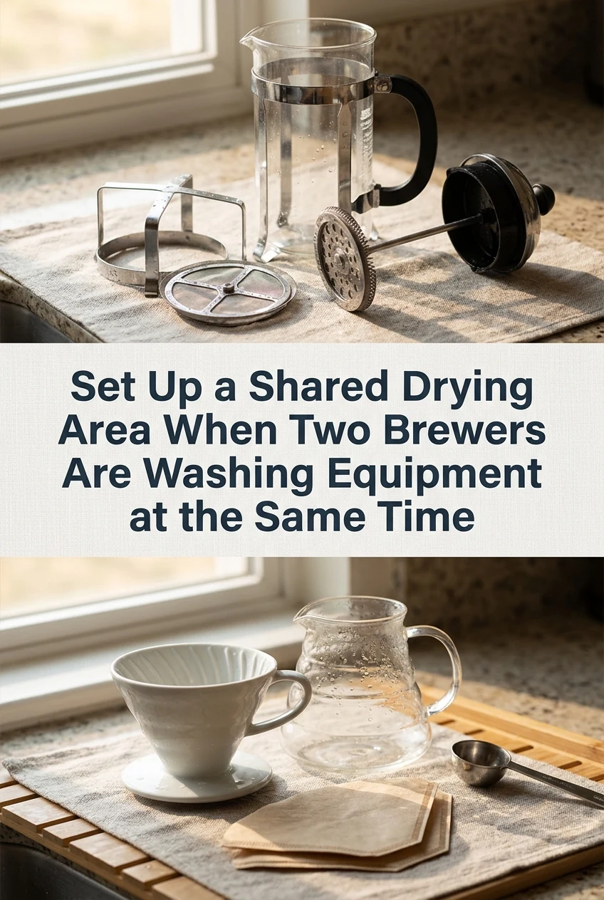 Set Up a Shared Drying Area When Two Brewers Are Washing Equipment at the Same Time — AI-generated editorial illustration