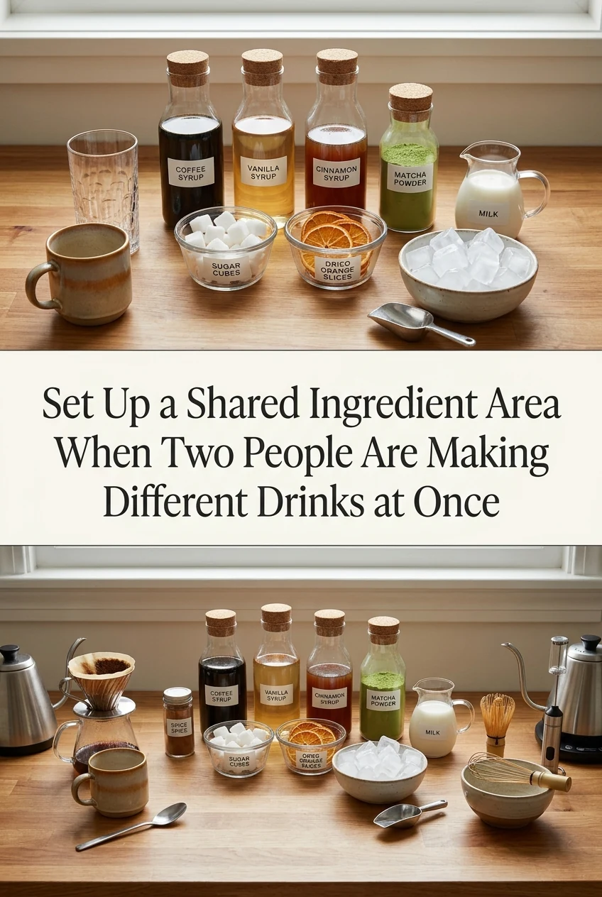 Set Up a Shared Ingredient Area When Two People Are Making Different Drinks at Once — AI-generated editorial illustration