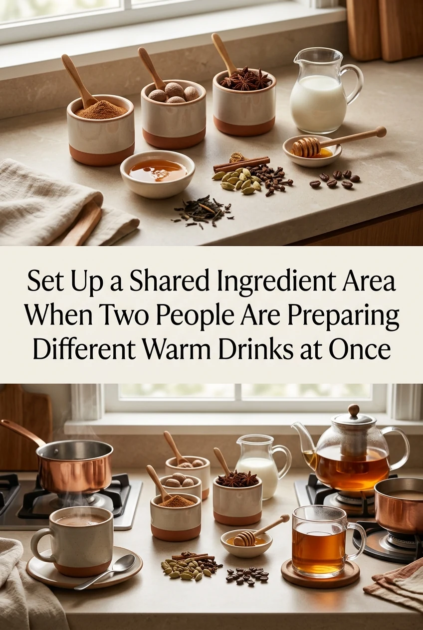 Set Up a Shared Ingredient Area When Two People Are Preparing Different Warm Drinks at Once — AI-generated editorial illustration