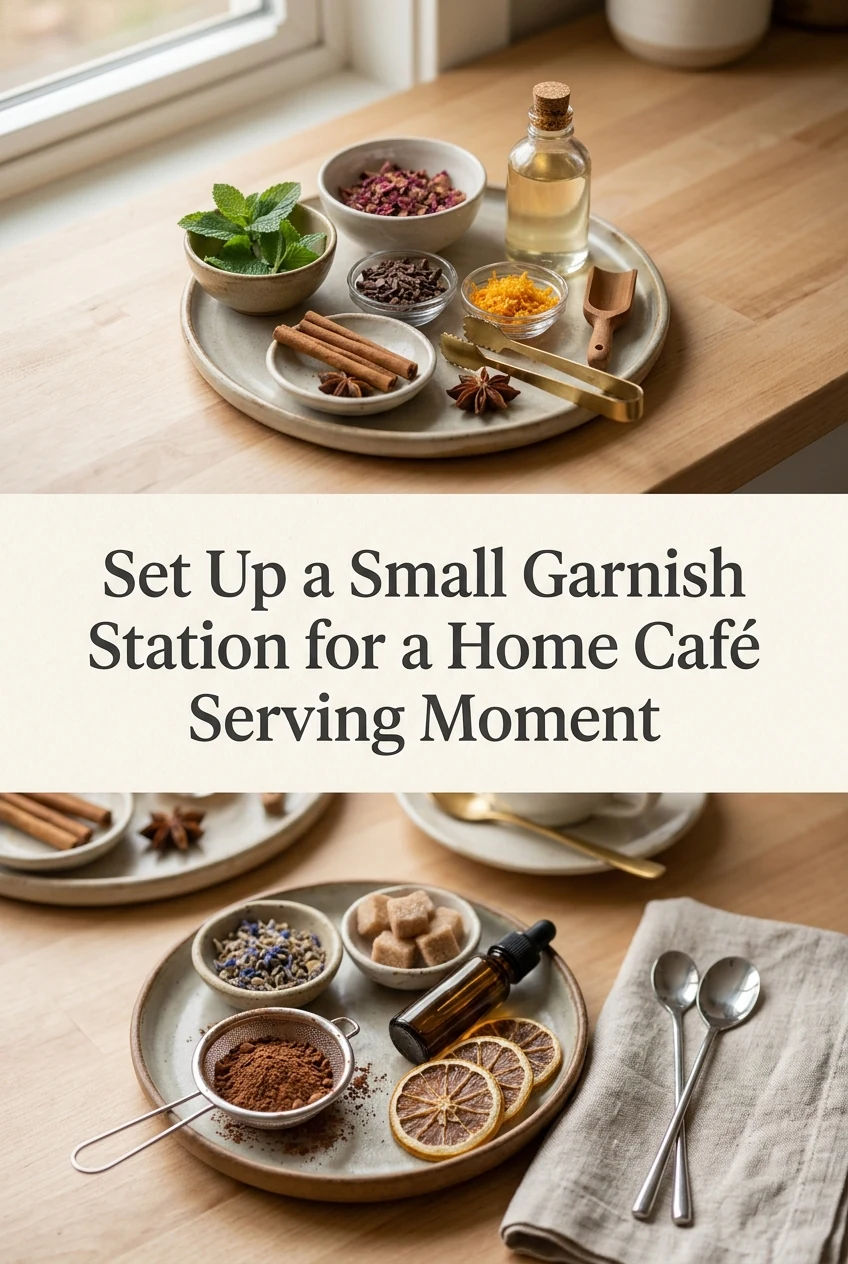 Set Up a Small Garnish Station for a Home Café Serving Moment — AI-generated editorial illustration