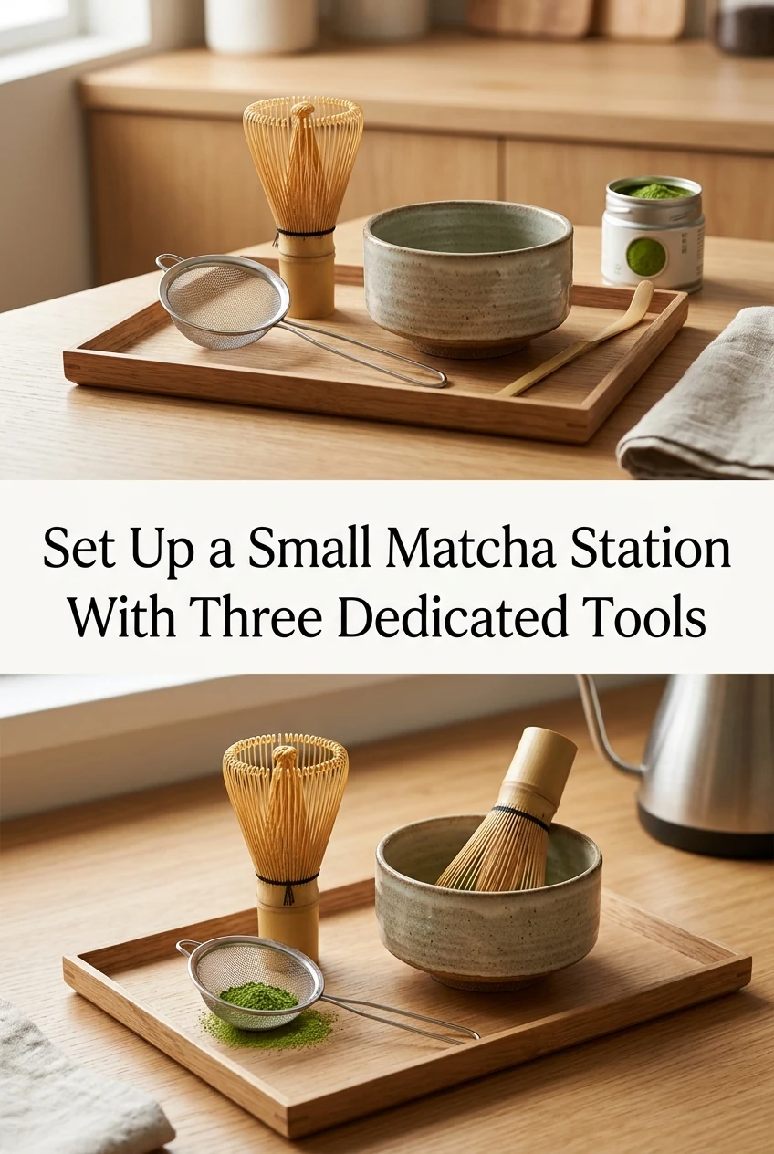 Set Up a Small Matcha Station With Three Dedicated Tools — AI-generated editorial illustration