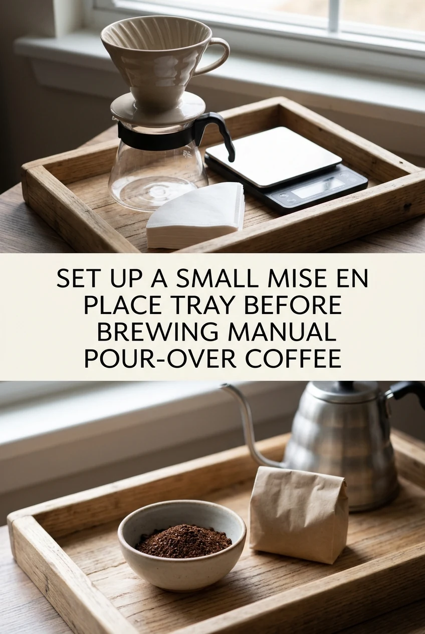Set Up a Small Mise en Place Tray Before Brewing Manual Pour-Over Coffee — AI-generated editorial illustration