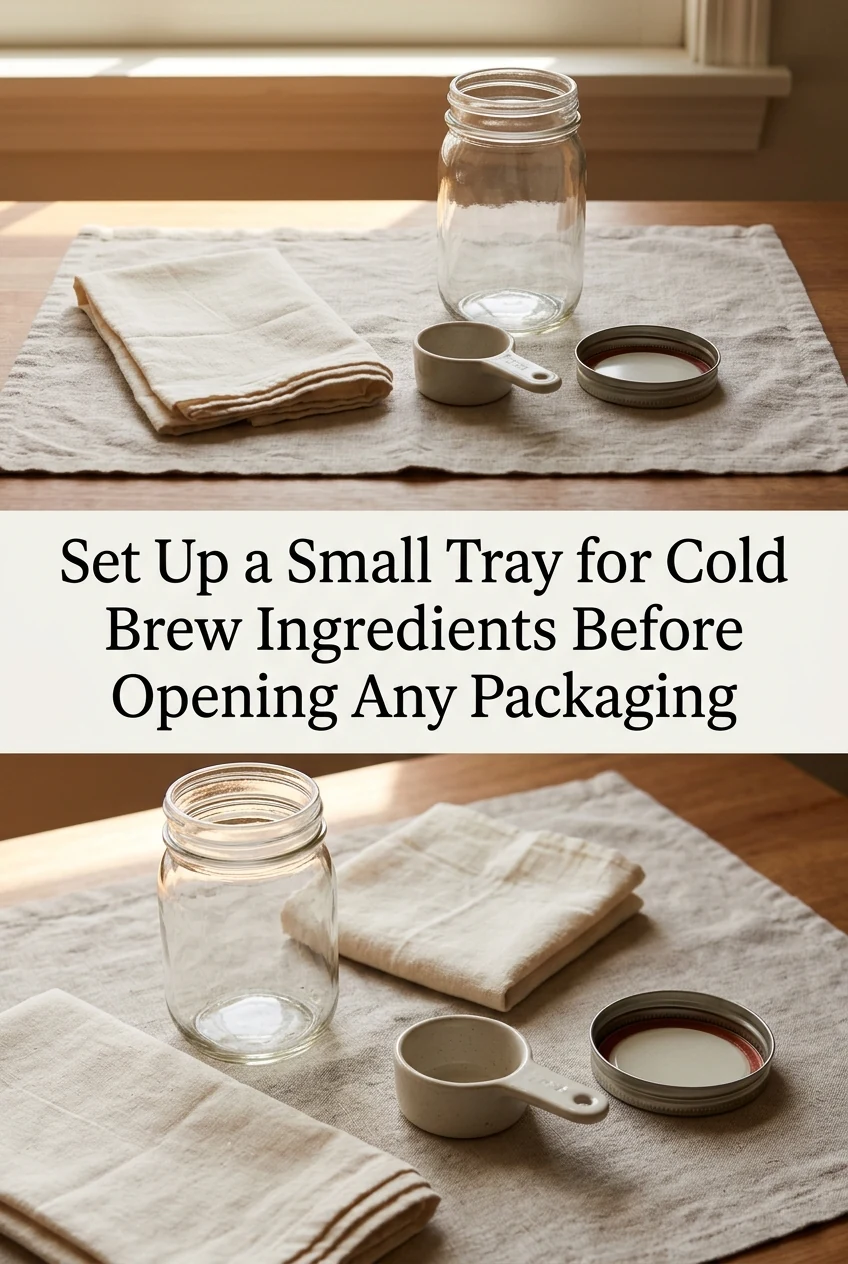 Set Up a Small Tray for Cold Brew Ingredients Before Opening Any Packaging — AI-generated editorial illustration