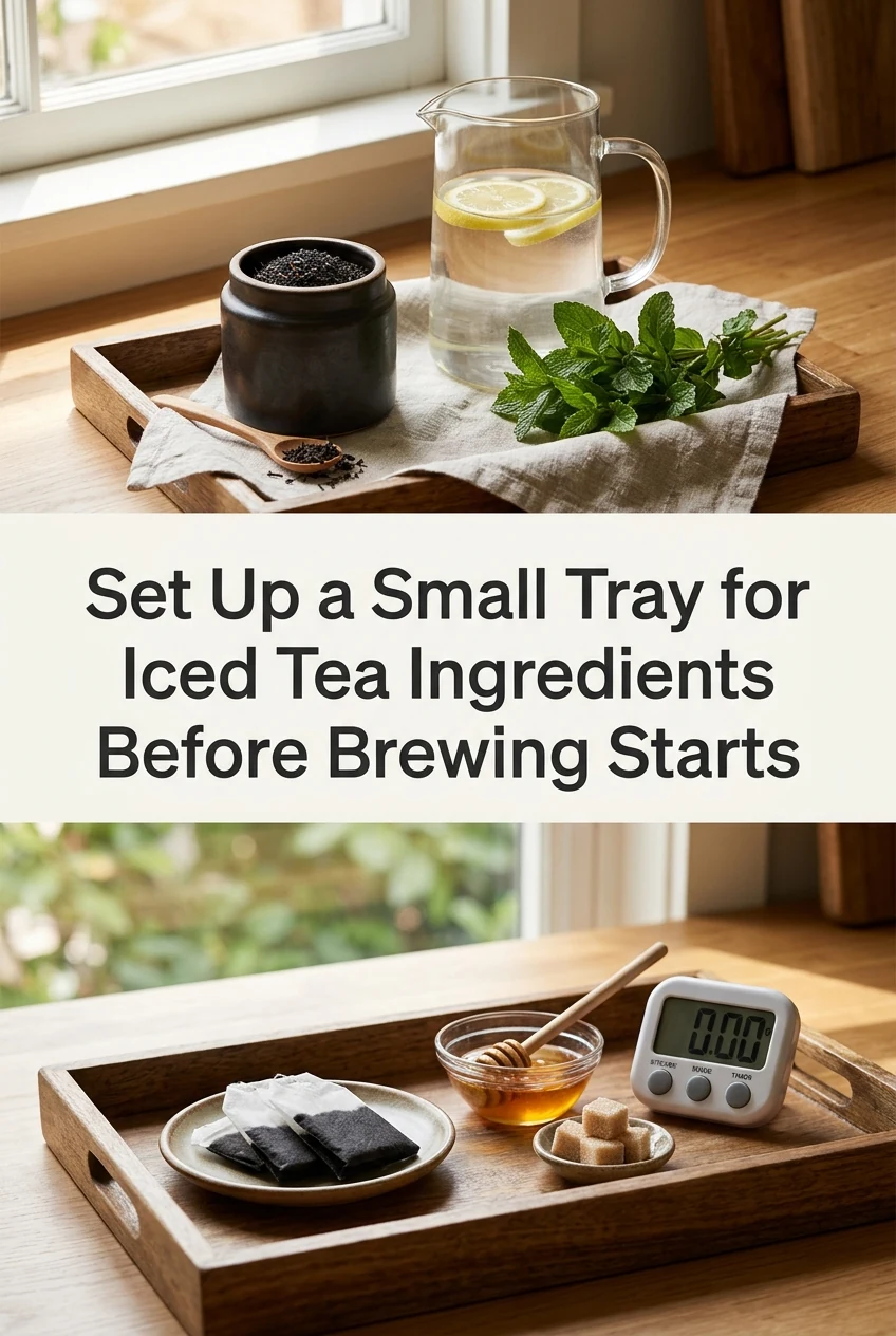 Set Up a Small Tray for Iced Tea Ingredients Before Brewing Starts — AI-generated editorial illustration