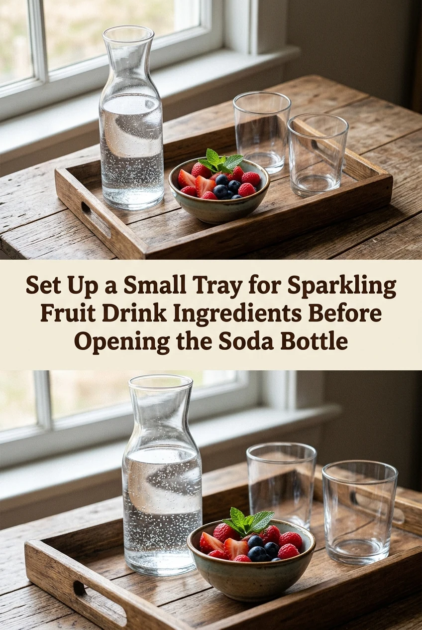 Set Up a Small Tray for Sparkling Fruit Drink Ingredients Before Opening the Soda Bottle — AI-generated editorial illustration