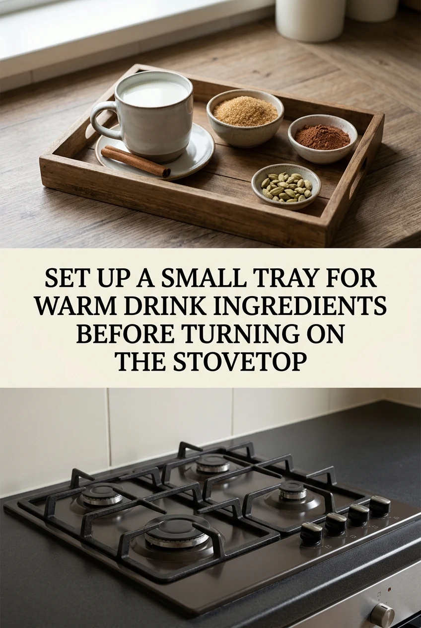 Set Up a Small Tray for Warm Drink Ingredients Before Turning On the Stovetop — AI-generated editorial illustration
