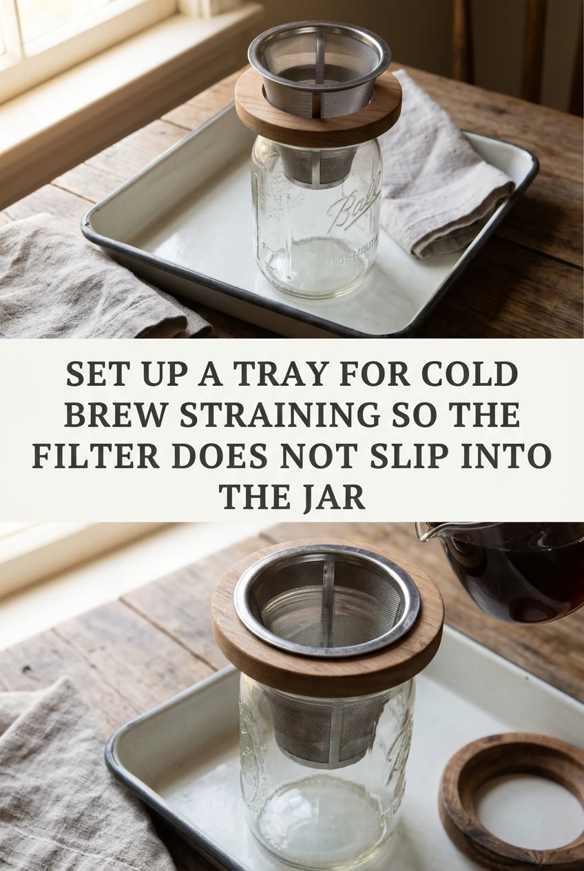 Set Up a Tray for Cold Brew Straining So the Filter Does Not Slip Into the Jar — AI-generated editorial illustration