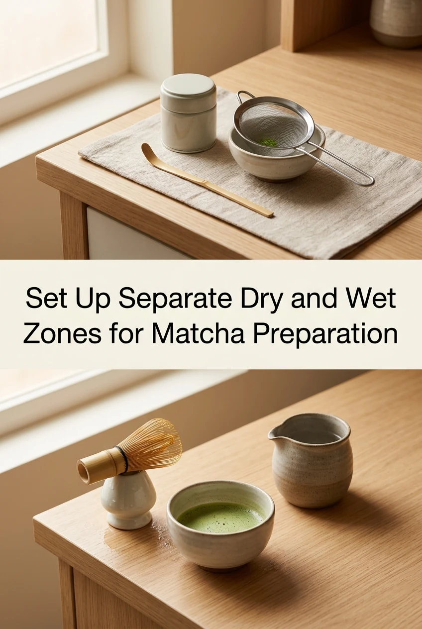 Set Up Separate Dry and Wet Zones for Matcha Preparation — AI-generated editorial illustration
