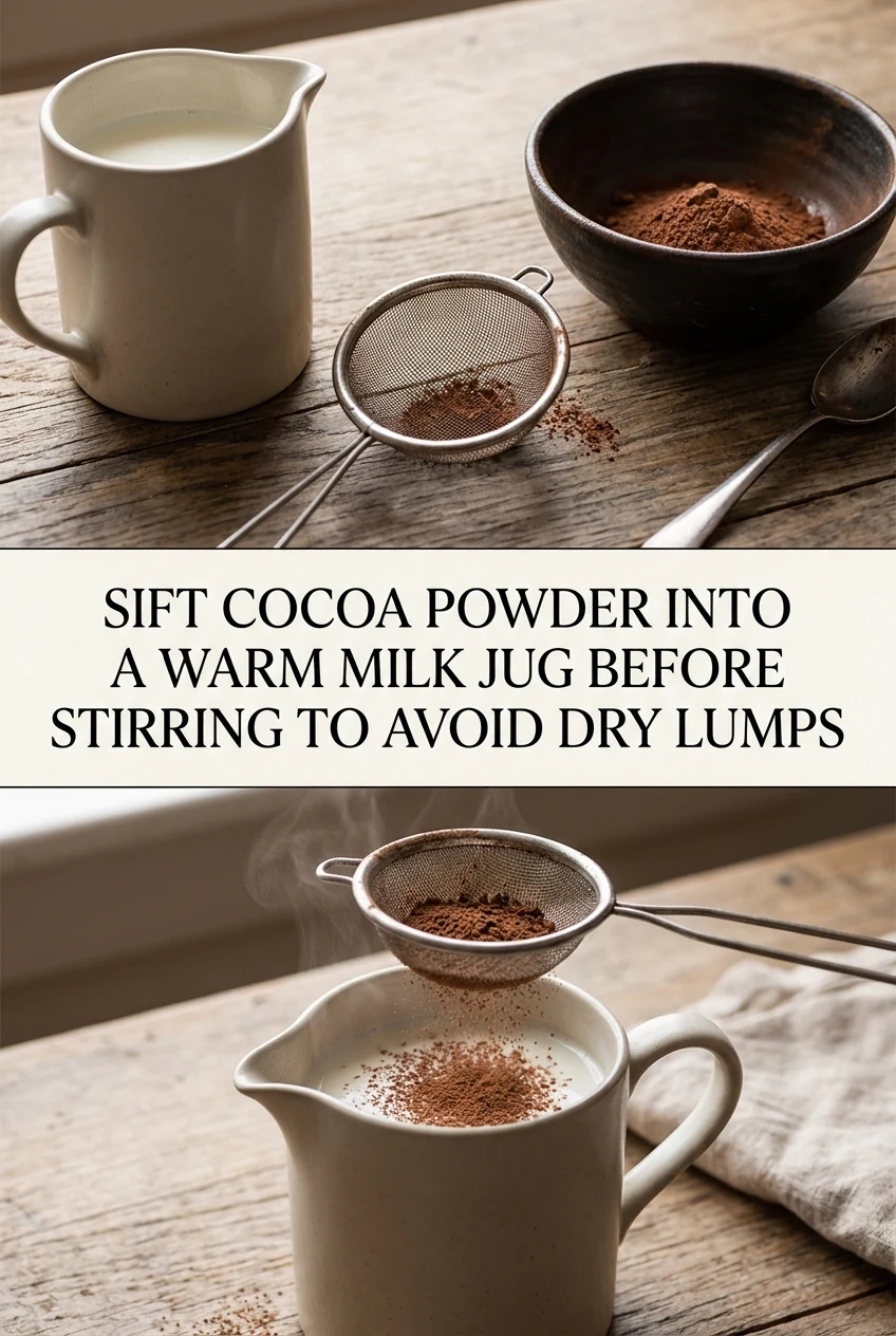 Sift Cocoa Powder Into a Warm Milk Jug Before Stirring to Avoid Dry Lumps — AI-generated editorial illustration