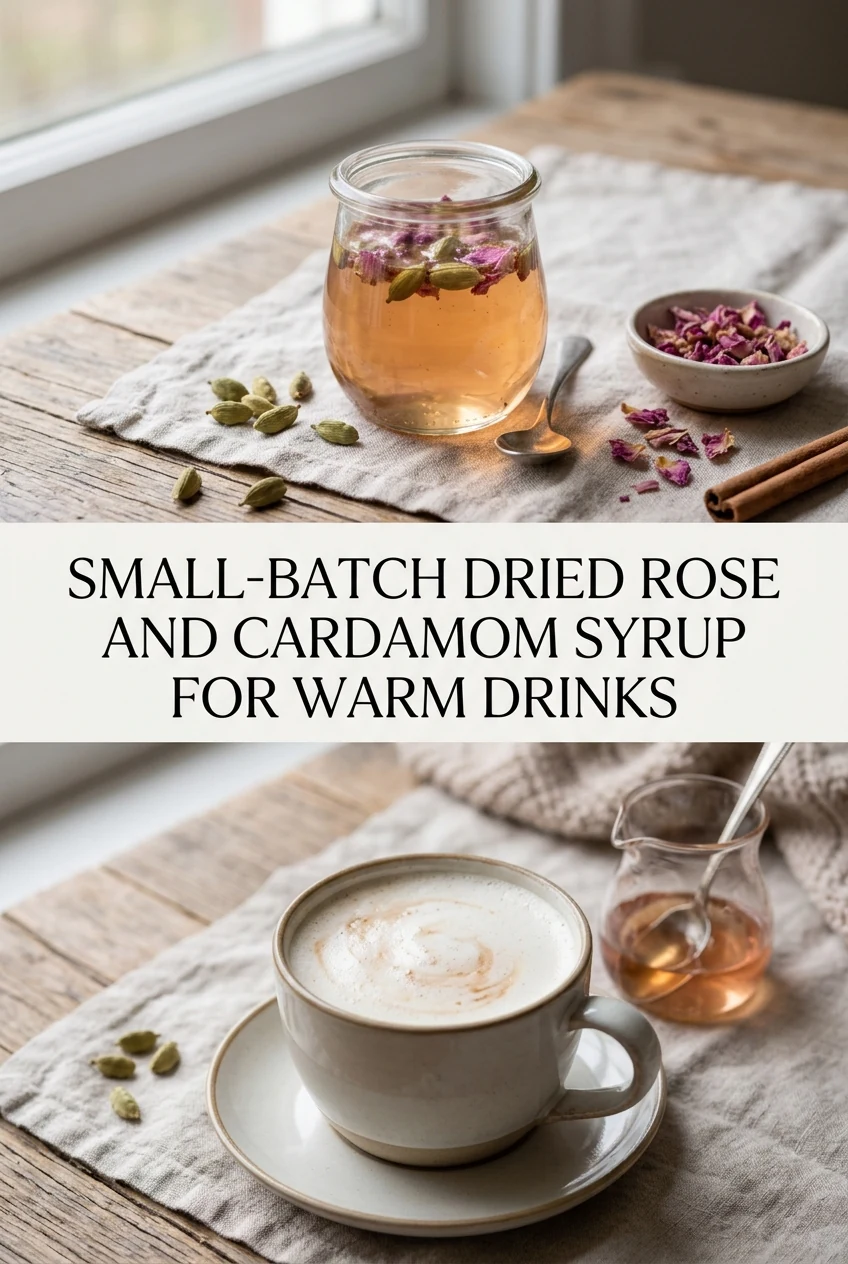 Small-Batch Dried Rose and Cardamom Syrup for Warm Drinks — AI-generated editorial illustration
