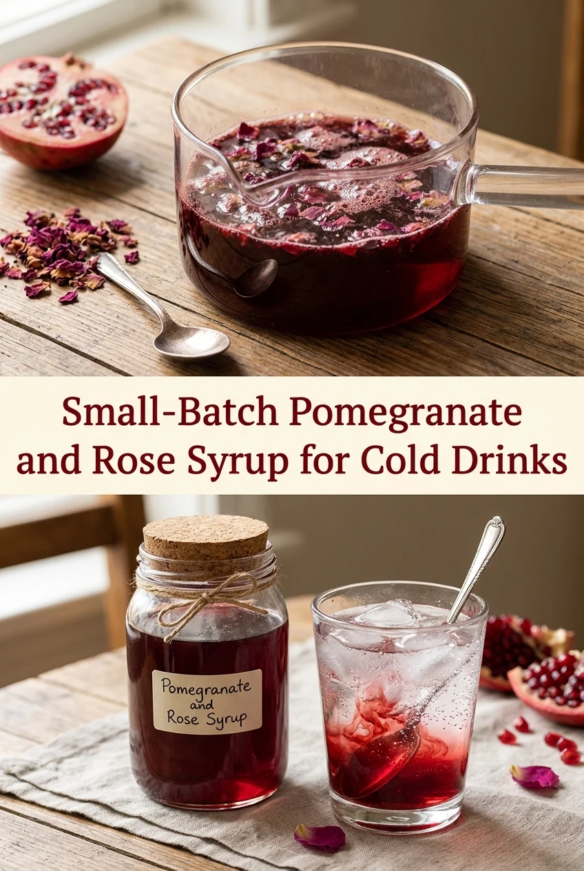 Small-Batch Pomegranate and Rose Syrup for Cold Drinks — AI-generated editorial illustration