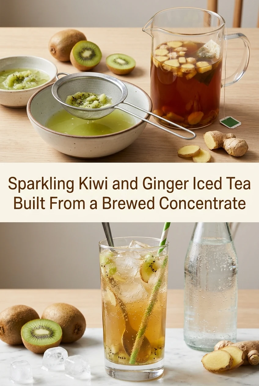 Sparkling Kiwi and Ginger Iced Tea Built From a Brewed Concentrate — AI-generated editorial illustration