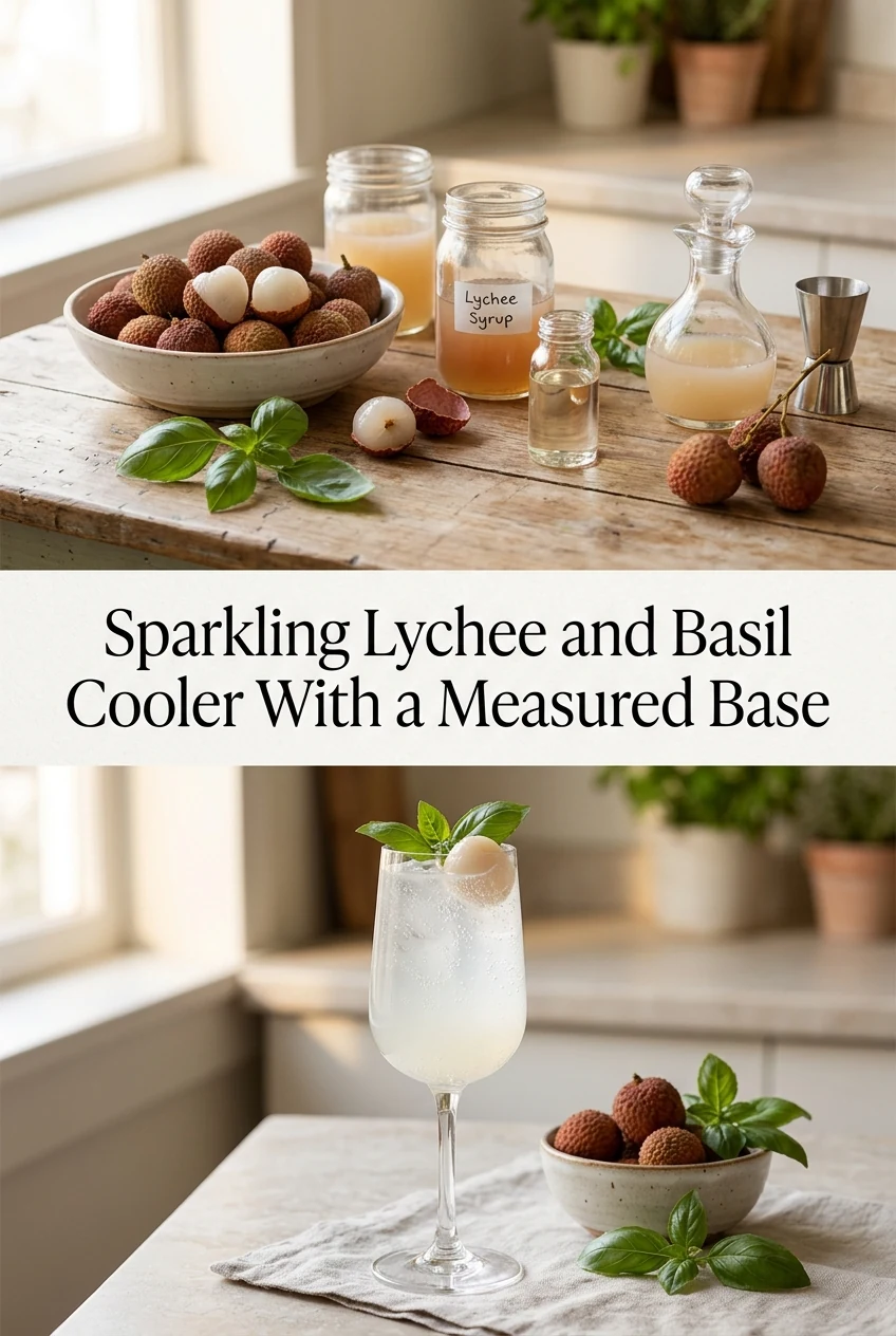 Sparkling Lychee and Basil Cooler With a Measured Base — AI-generated editorial illustration