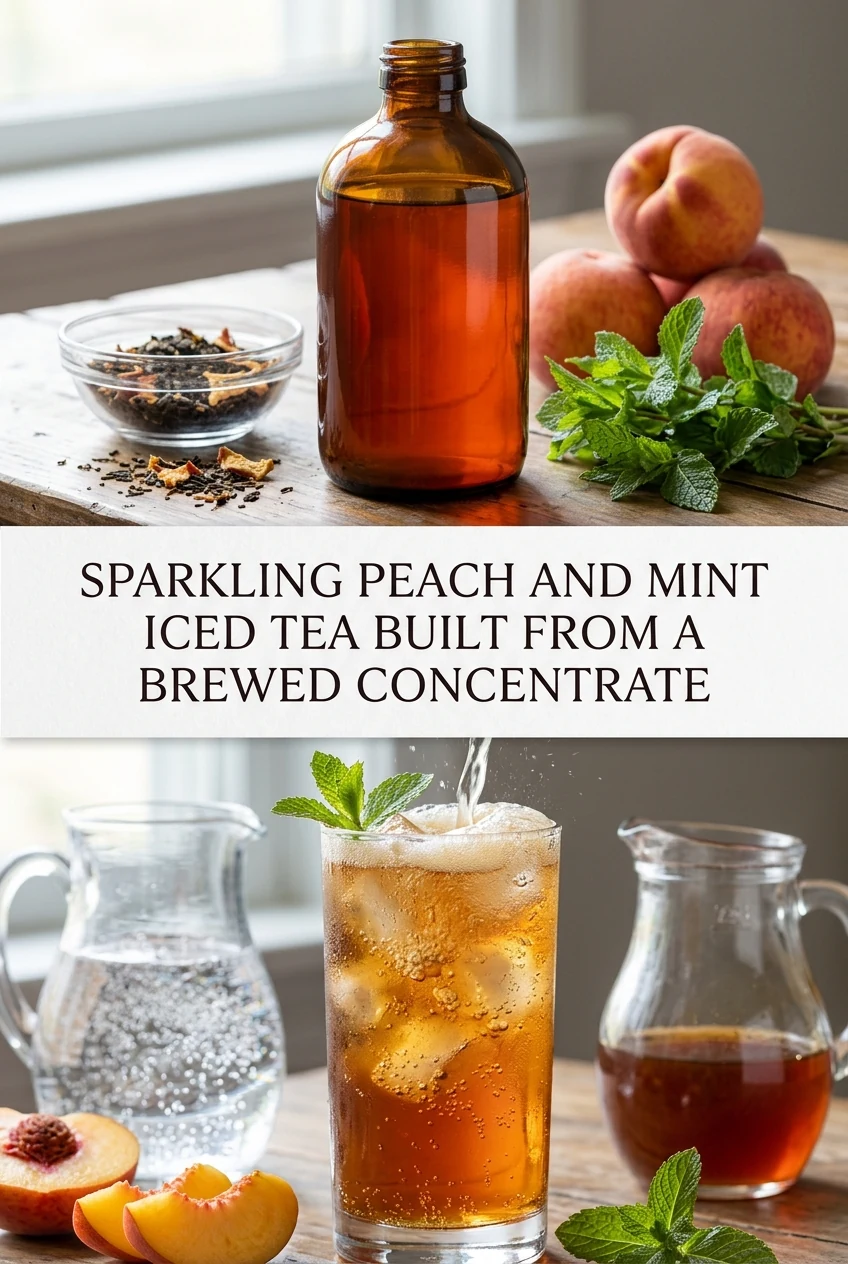 Sparkling Peach and Mint Iced Tea Built From a Brewed Concentrate — AI-generated editorial illustration