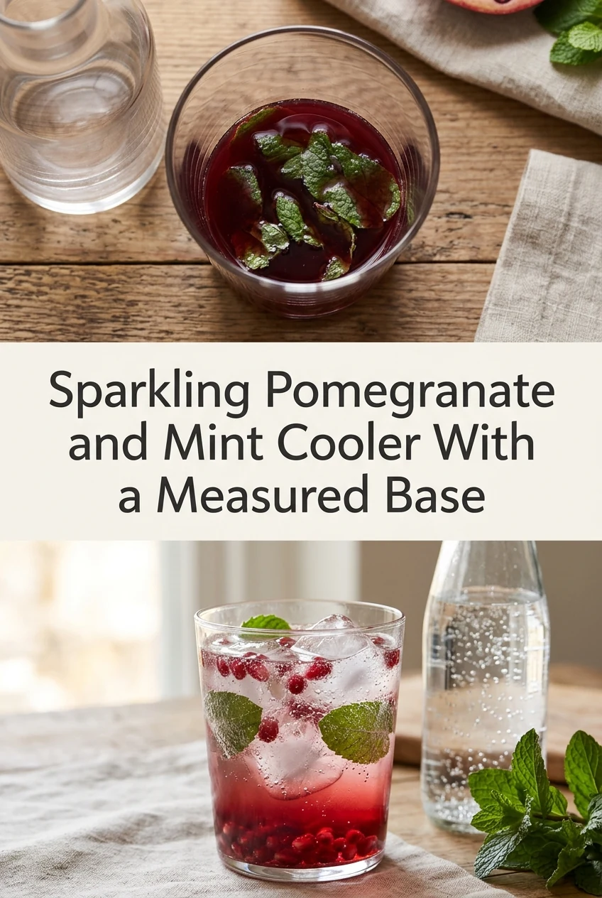 Sparkling Pomegranate and Mint Cooler With a Measured Base — AI-generated editorial illustration