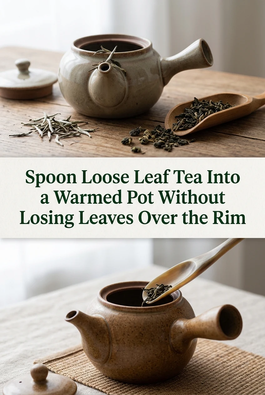 Spoon Loose Leaf Tea Into a Warmed Pot Without Losing Leaves Over the Rim — AI-generated editorial illustration