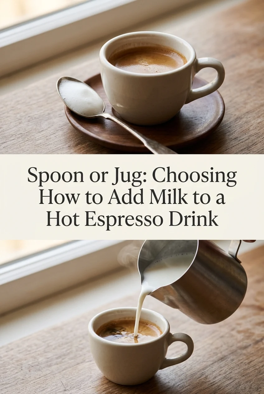 Spoon or Jug: Choosing How to Add Milk to a Hot Espresso Drink — AI-generated editorial illustration