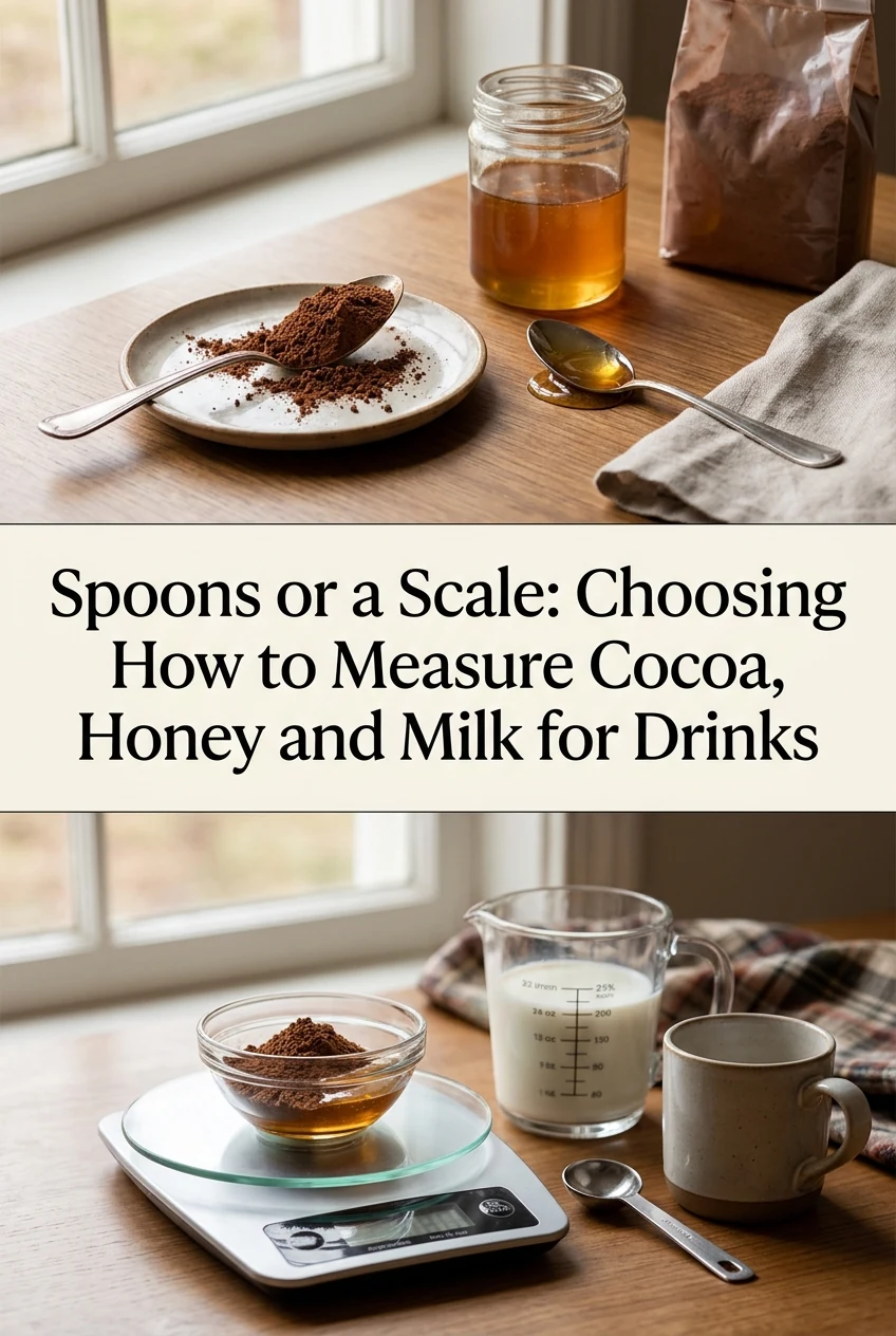 Spoons or a Scale: Choosing How to Measure Cocoa, Honey and Milk for Drinks — AI-generated editorial illustration