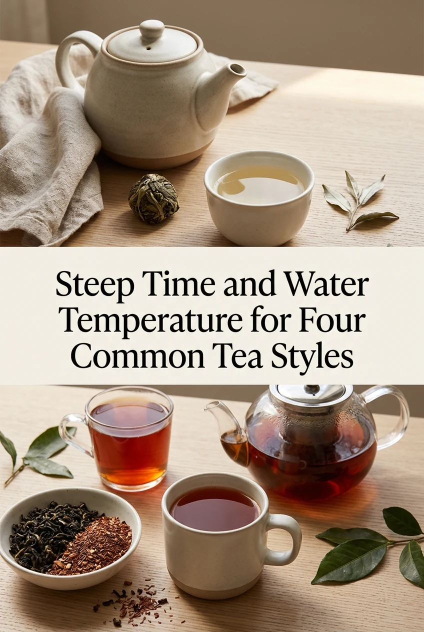 Steep Time and Water Temperature for Four Common Tea Styles — AI-generated editorial illustration