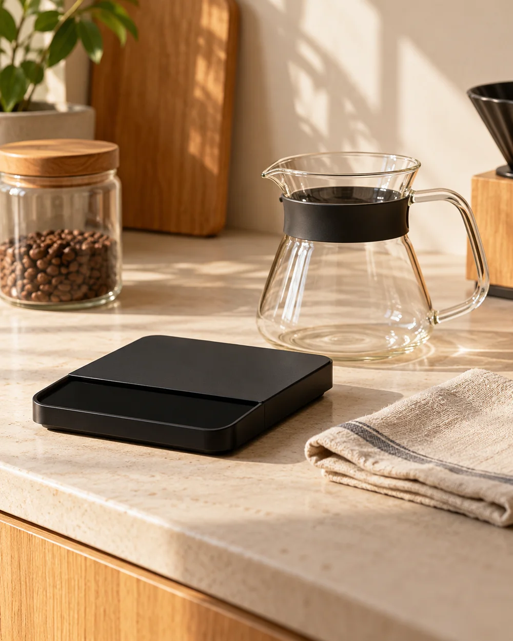 Store a Coffee Scale Clear of Splashes — AI-generated editorial illustration