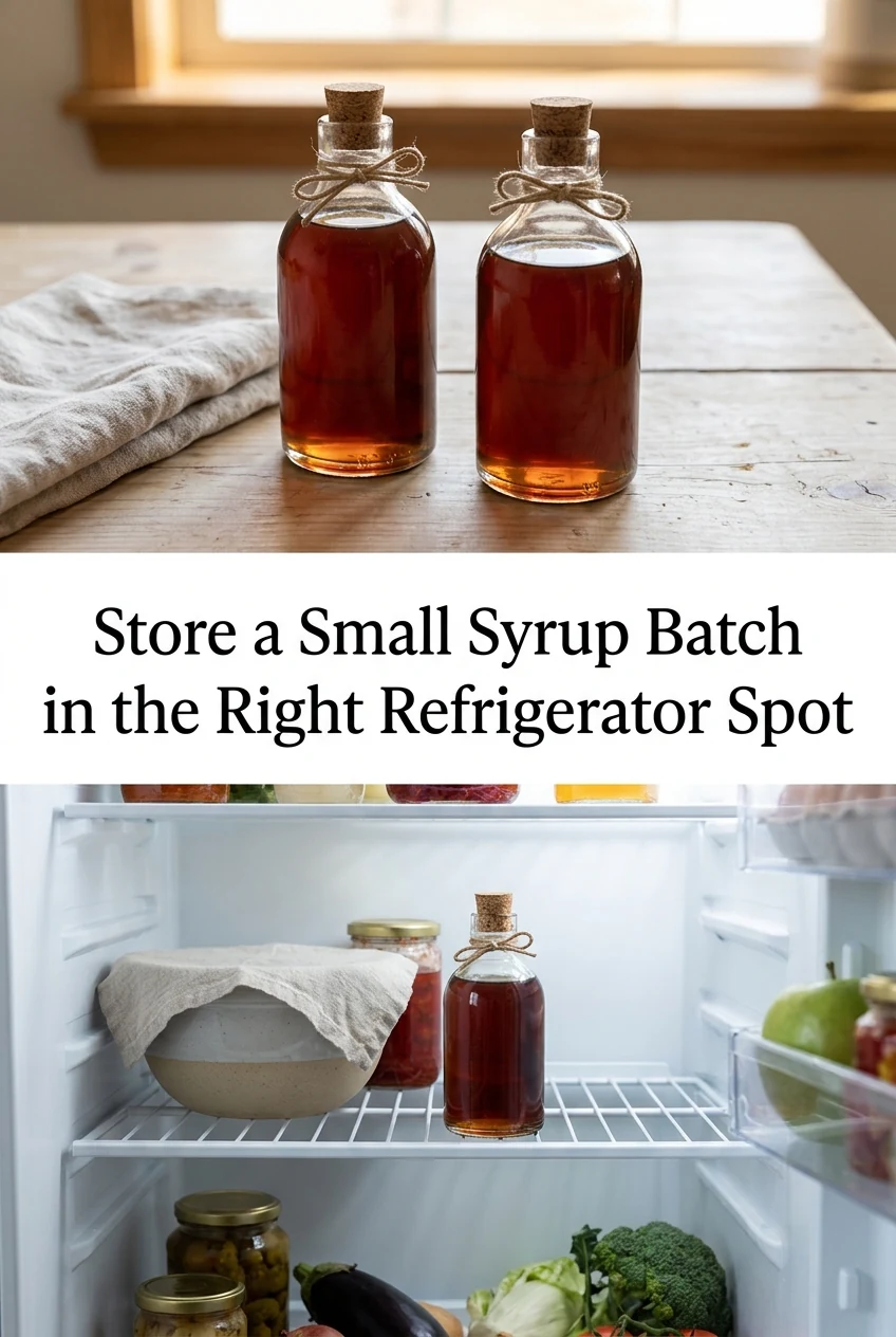 Store a Small Syrup Batch in the Right Refrigerator Spot — AI-generated editorial illustration