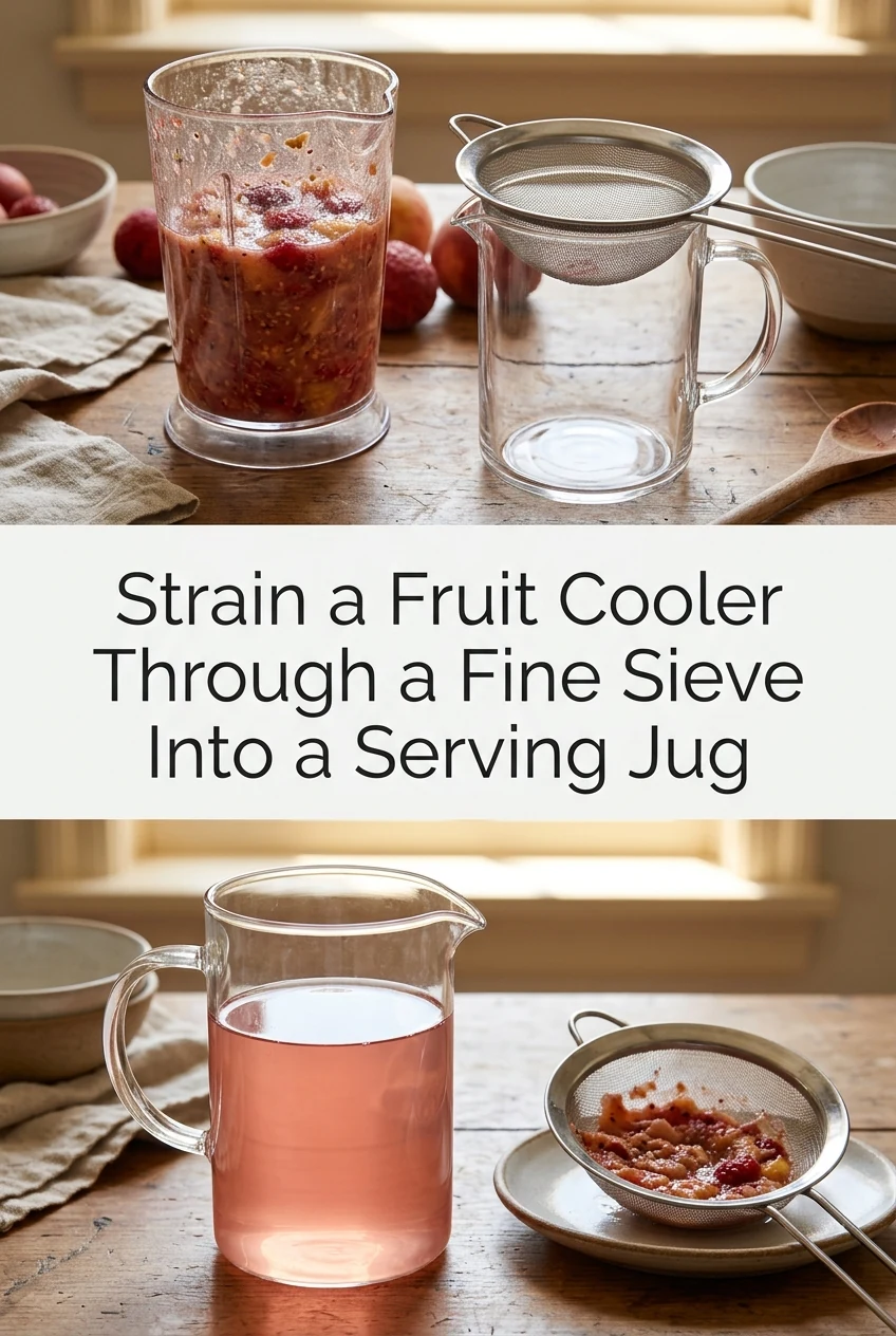 Strain a Fruit Cooler Through a Fine Sieve Into a Serving Jug — AI-generated editorial illustration