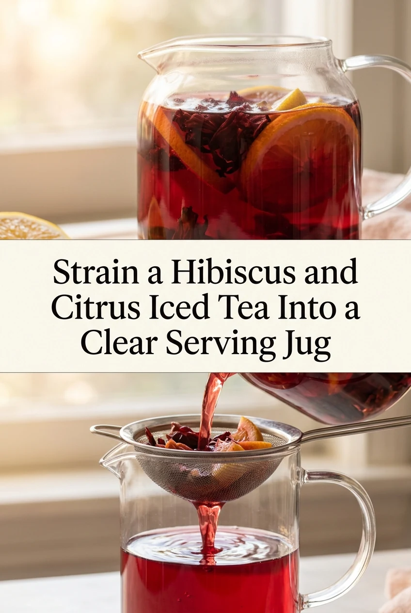 Strain a Hibiscus and Citrus Iced Tea Into a Clear Serving Jug — AI-generated editorial illustration