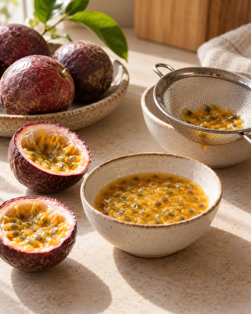 Strain Passion-Fruit Pulp by Weight — AI-generated editorial illustration