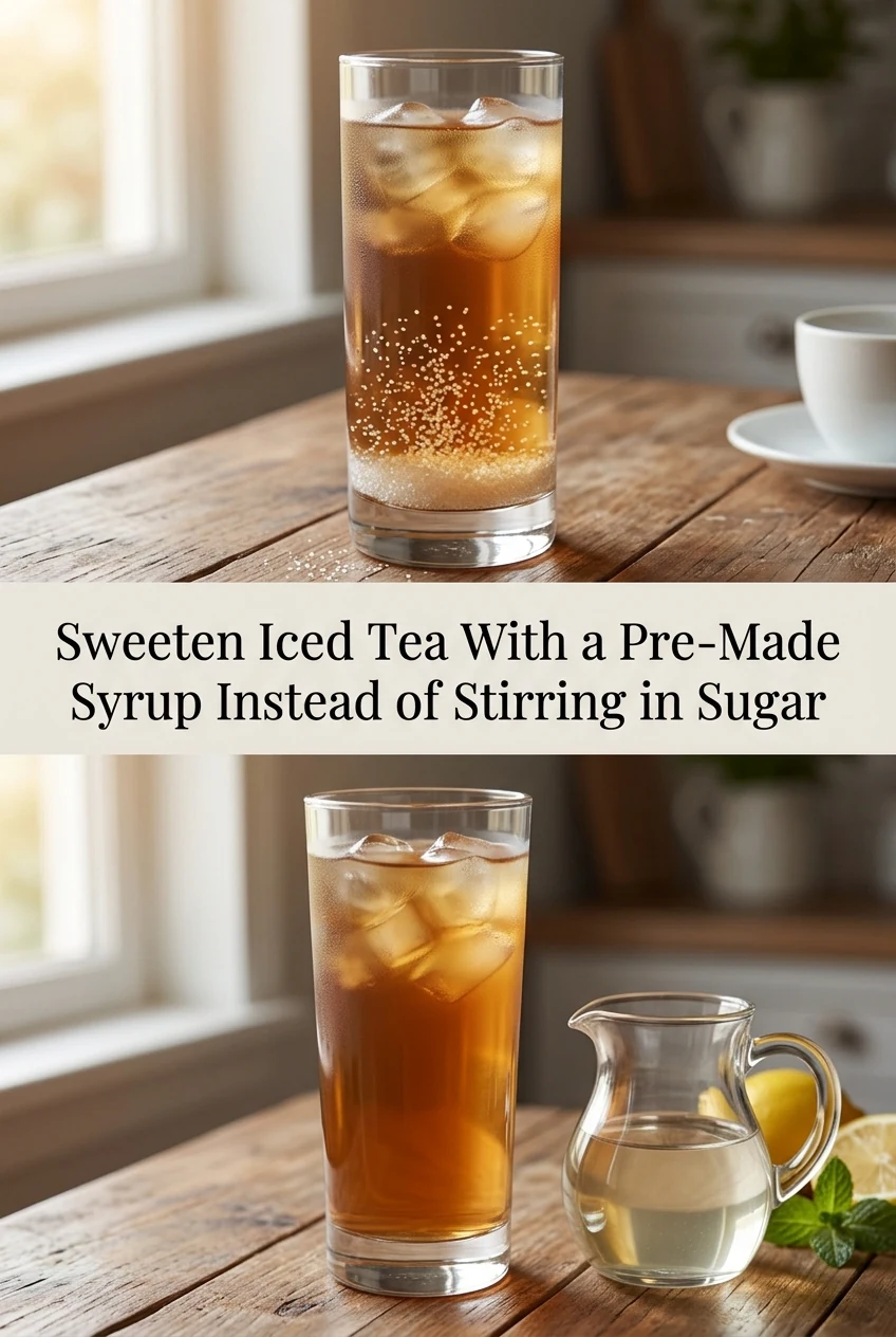 Sweeten Iced Tea With a Pre-Made Syrup Instead of Stirring in Sugar — AI-generated editorial illustration