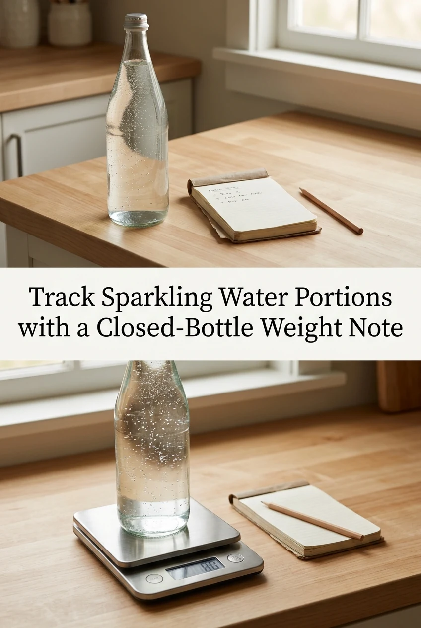 Track Sparkling Water Portions with a Closed-Bottle Weight Note — AI-generated editorial illustration
