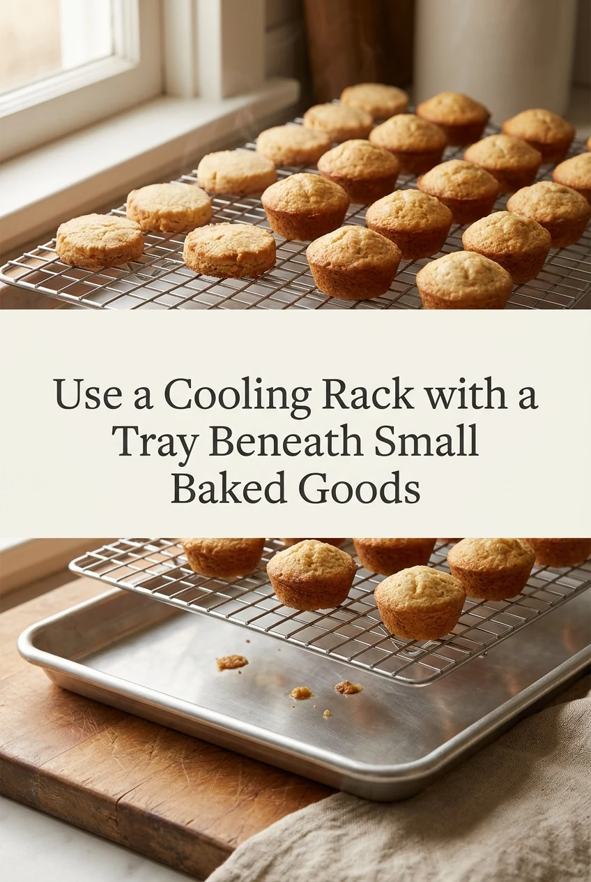 Use a Cooling Rack with a Tray Beneath Small Baked Goods — AI-generated editorial illustration