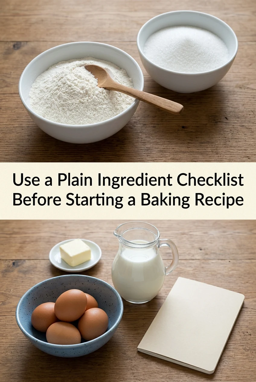 Use a Plain Ingredient Checklist Before Starting a Baking Recipe — AI-generated editorial illustration