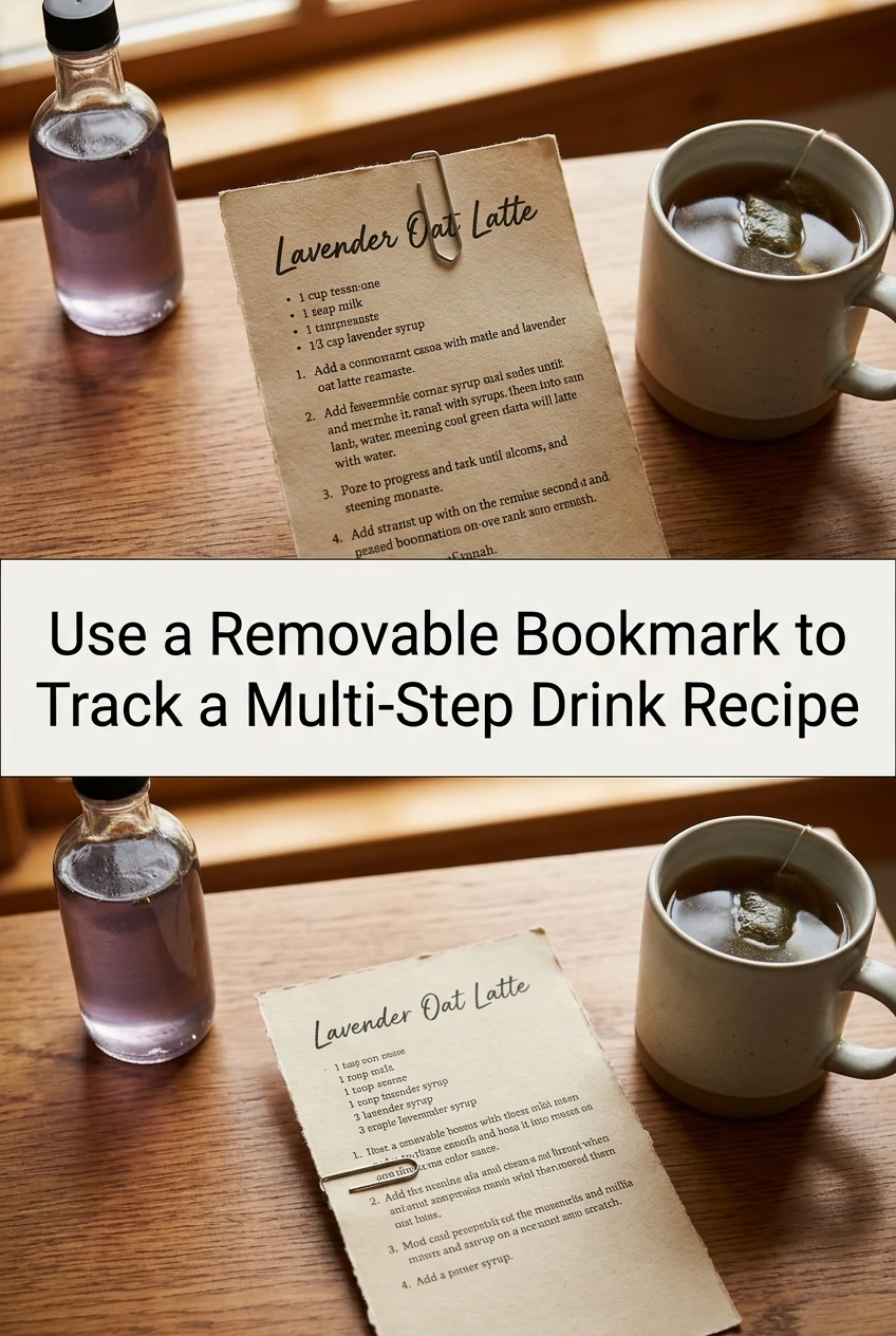 Use a Removable Bookmark to Track a Multi-Step Drink Recipe — AI-generated editorial illustration