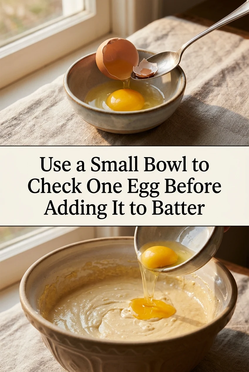 Use a Small Bowl to Check One Egg Before Adding It to Batter — AI-generated editorial illustration
