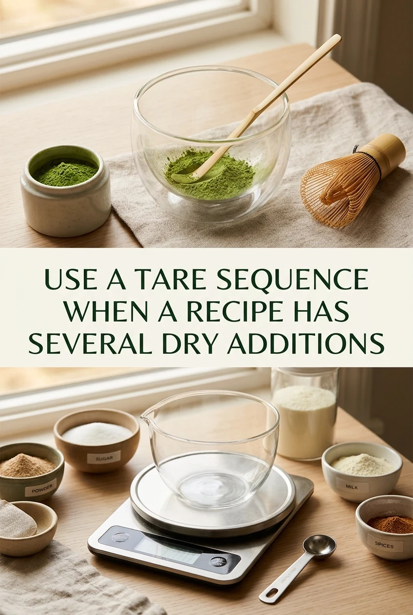 Use a Tare Sequence When a Recipe Has Several Dry Additions — AI-generated editorial illustration
