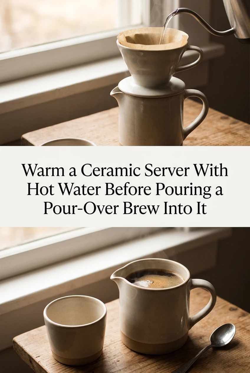 Warm a Ceramic Server With Hot Water Before Pouring a Pour-Over Brew Into It — AI-generated editorial illustration