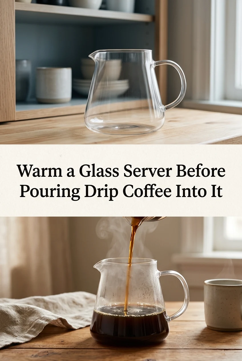 Warm a Glass Server Before Pouring Drip Coffee Into It — AI-generated editorial illustration