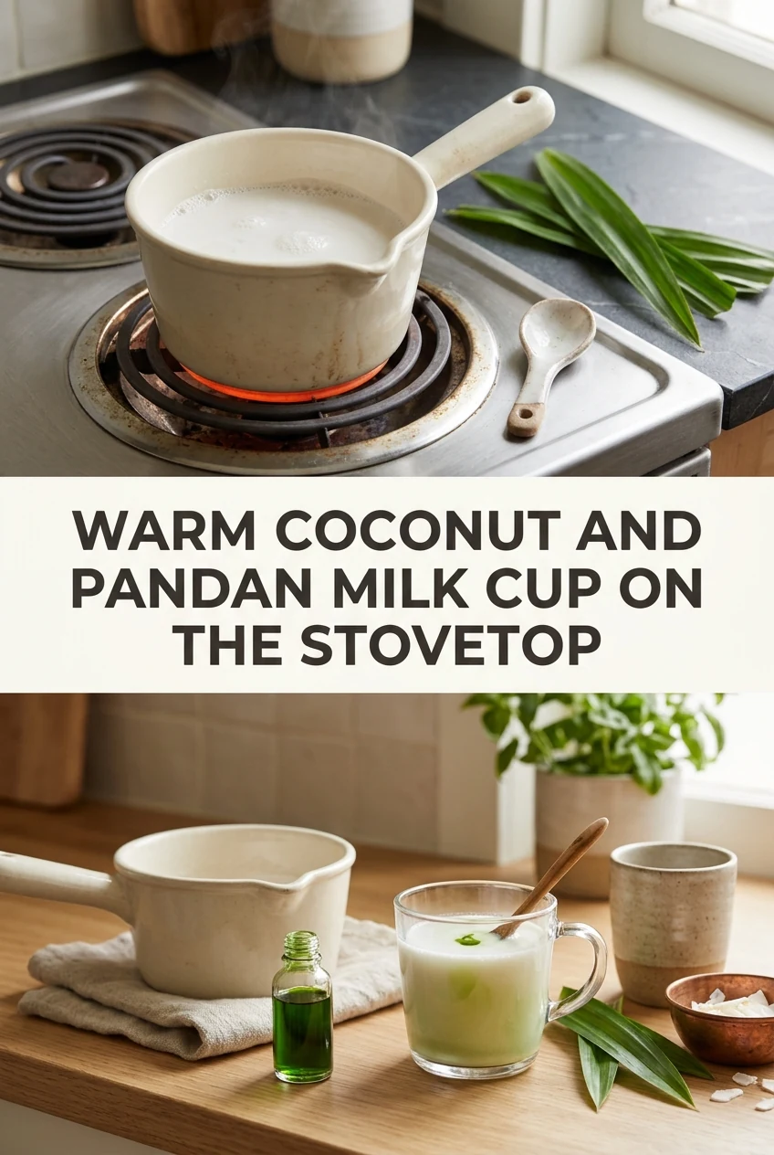 Warm Coconut and Pandan Milk Cup on the Stovetop — AI-generated editorial illustration